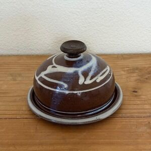 Studio Pottery Butter Dish Cheese Dome Handmade Stoneware Brown Drip Glaze